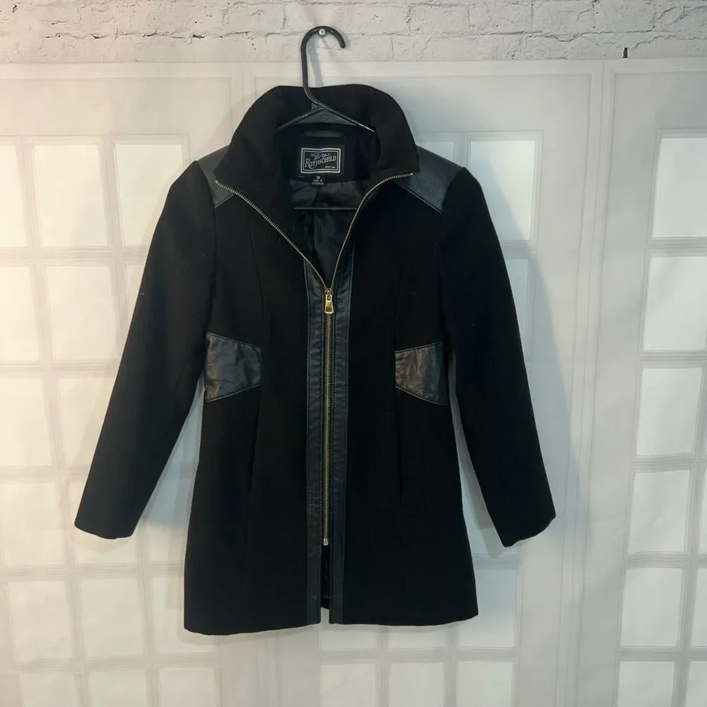 Rothschild Black Faux Leather Trim Zip Up Lined Peacoat Girls Size 10